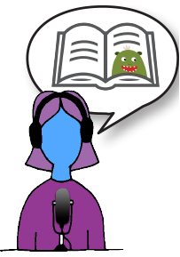 Person talking into a microphone, with a talk bubble that shows the same book with the monster as the icon in "children's publishers"