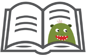 Icon of an open book with greeked text and a funny green monster