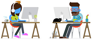 Two people working on two computers at two desks, with two cats